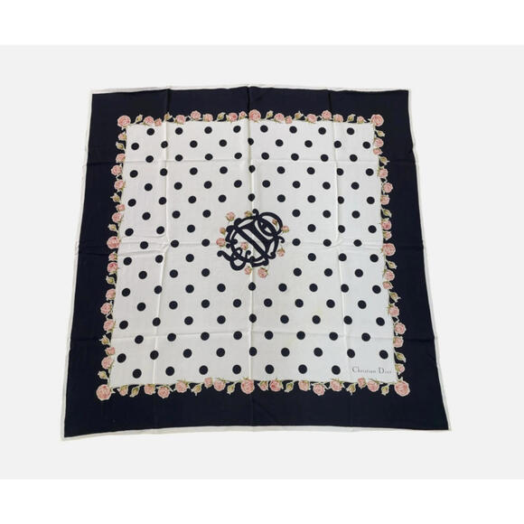 Accessories - RARE Christian Dior Large Scarf Polka Dot Bee Rose Pattern Black Pink  100 Silk